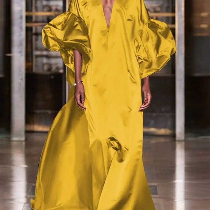VONDA Elegant Satin Party Maxi Dress Women Lantern Sleeve Solid Evening Sundress Casual Loose V-Neck Bohemian Robe 250310