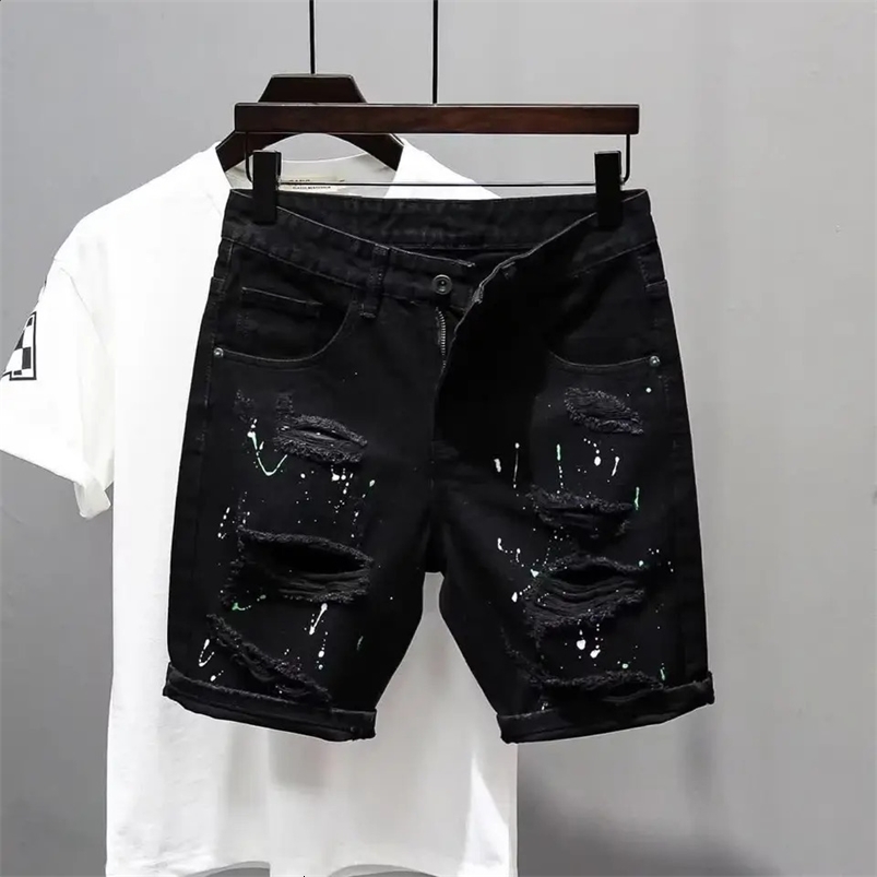 Summer Casual Mens Denim Shorts Korean Straight Washed Jeans Short Ins Ripped Cat Whisker Ink Splash Plaid Black Five-Pants 240819