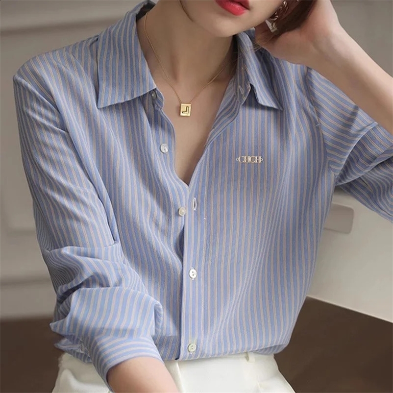 Womens shirt trend classic high-end womens long sleeved retro elegant striped version office womens fashionable top 240820bj