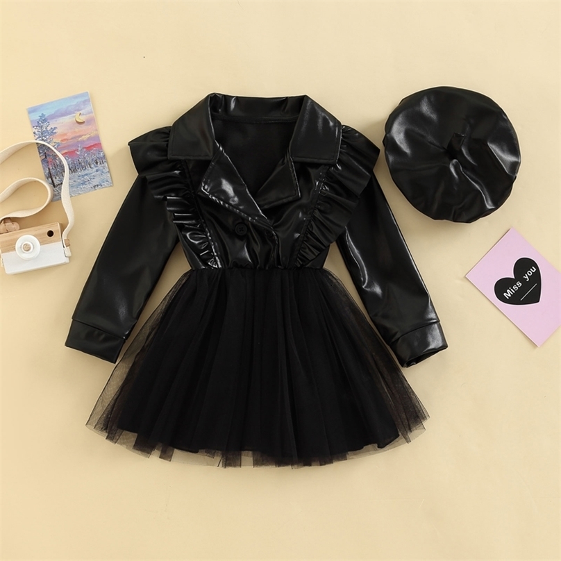 Girl s Dresses 3 7Y Children Girls Fashion with Beret Hat Baby Autumn Clothing Kids Long Sleeve Lapel PU Leather Patchwork Tulle 221118