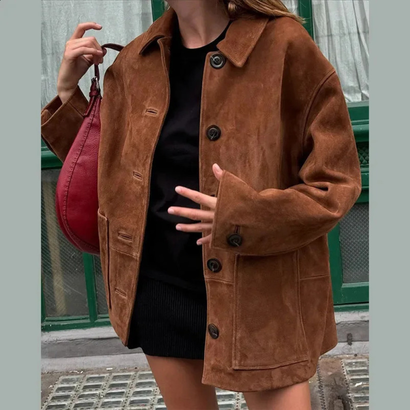 Retro brown suede loose jacket womens single chest lapel long sleeved jacket autumn high street jacket 241021