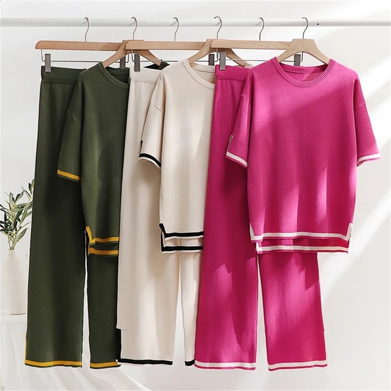 Two Piece Set Elegant Pants Sets Ice Knitted Summer Outfits For Women Short Sleeve Pajama Suit 240729