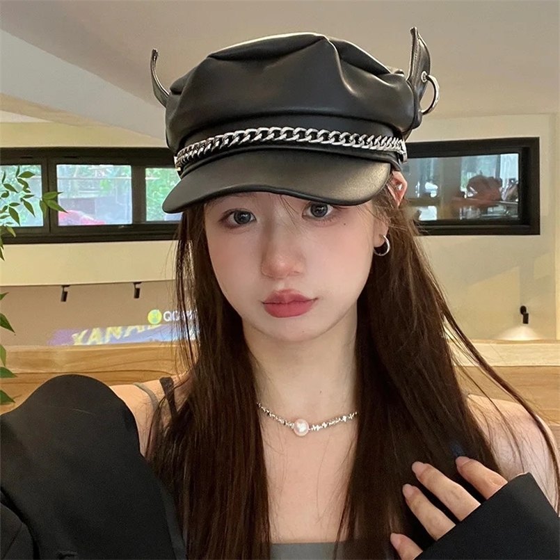 Berets Cool Y2k Devil Ears Berets Caps for Women Spring and Autumn Korean Street PU Leather Flat Top Navy Style Octagonal Hats Men 231018
