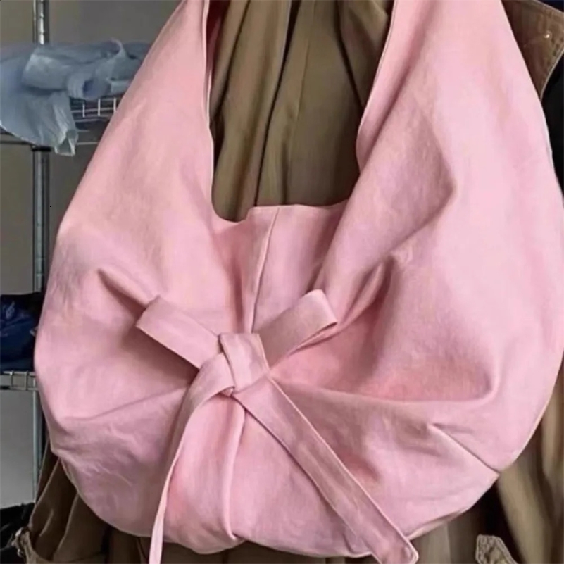 Miyagawa Instagram Style Niche Pink Bow Canvas Womens Bag 2024 Casual Large Capacity Single Shoulder Tote Bags 240823