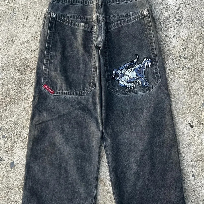 Y2k mens jeans hip-hop cartoon graphic printing retro bagged jeans black pants womens high waist wide leg Trouser streetwear 240820bj
