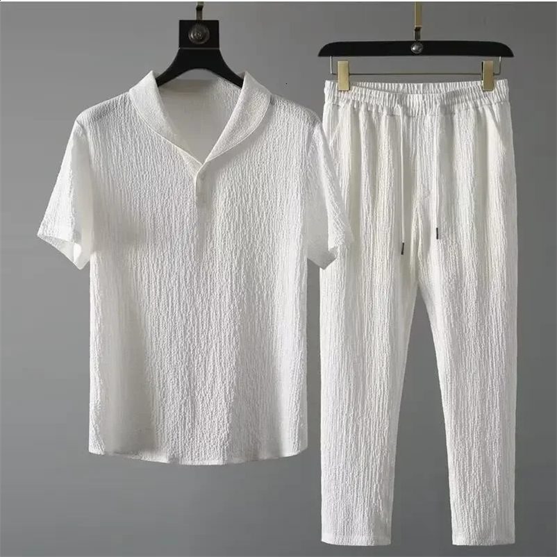 Summer ultra-thin sleeveless ice silk linen set mens cotton linen set oversized loose middle sleeve T-shirt sportswear 240826bj