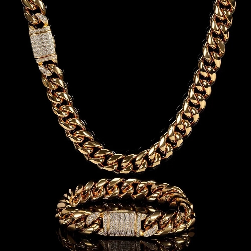 12mm Miami Mens Cuban Link Chain Necklace 316L Stainless Steel Gold Plated Necklace for Women with Full Iced Clasp 250120