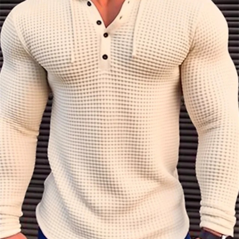 Spring solid color slim fit long sleeved T-shirt mens hooded breathable sports top waffle cotton casual long sleeved shirt 240824bj