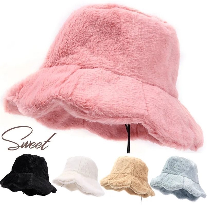 Chapeaux à bord large chapeaux de seau doux volant doux seau de seau en peluche lotus feuille d'hiver pêcheur chaud pêcheur féminin filles automn