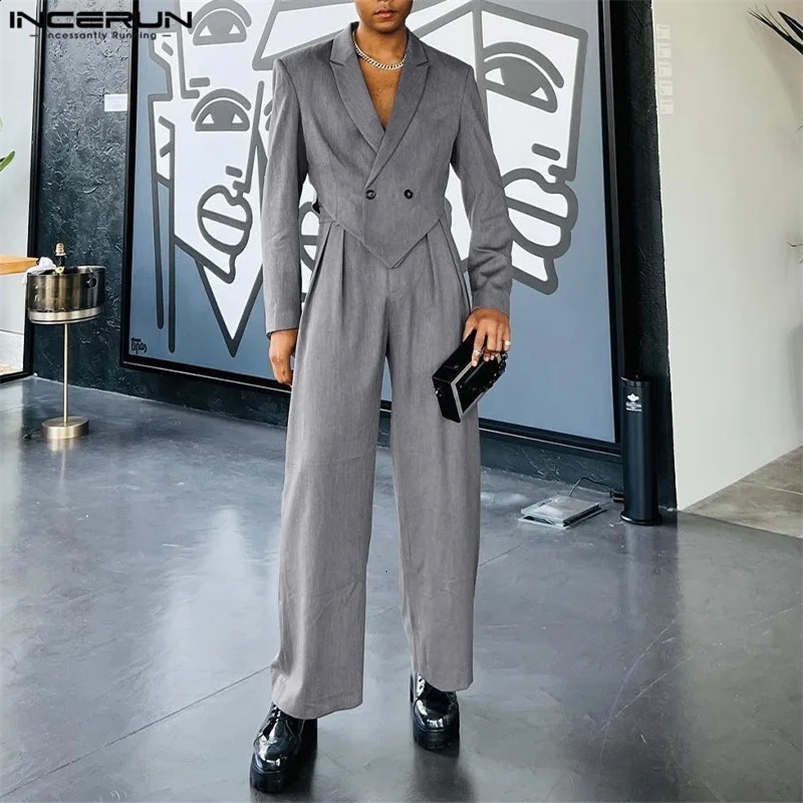 INCERUN Men Sets Solid Color Autumn Lapel Long Sleeve Irregular Blazer Pants 2PCS Streetwear Fashion Mens Casual Suits 240819