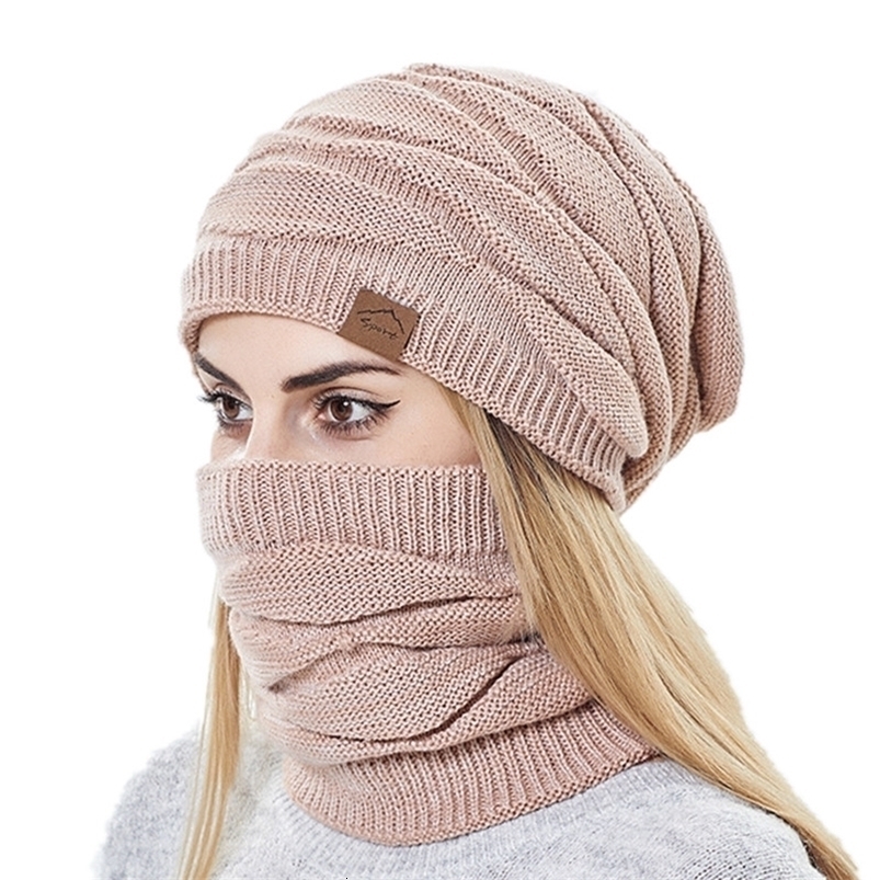 BeanieSkull Caps Winter Beanie Hats Scarf Set Women Warm Knitted Skull Cap Neck Warmer Thicken Fur Lined Lady Mask for 220920