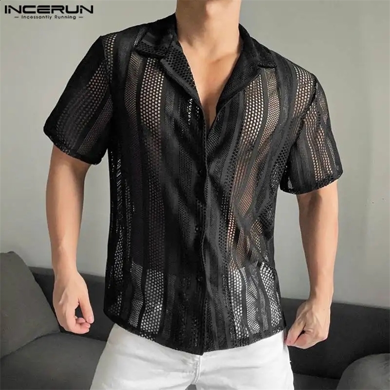 INCERUN Mens Shirt Mesh Transparent Lapel Short Sleeve Summer Camisas Streetwear Hollow Out Fashion Casual Shirts S-5XL 250327