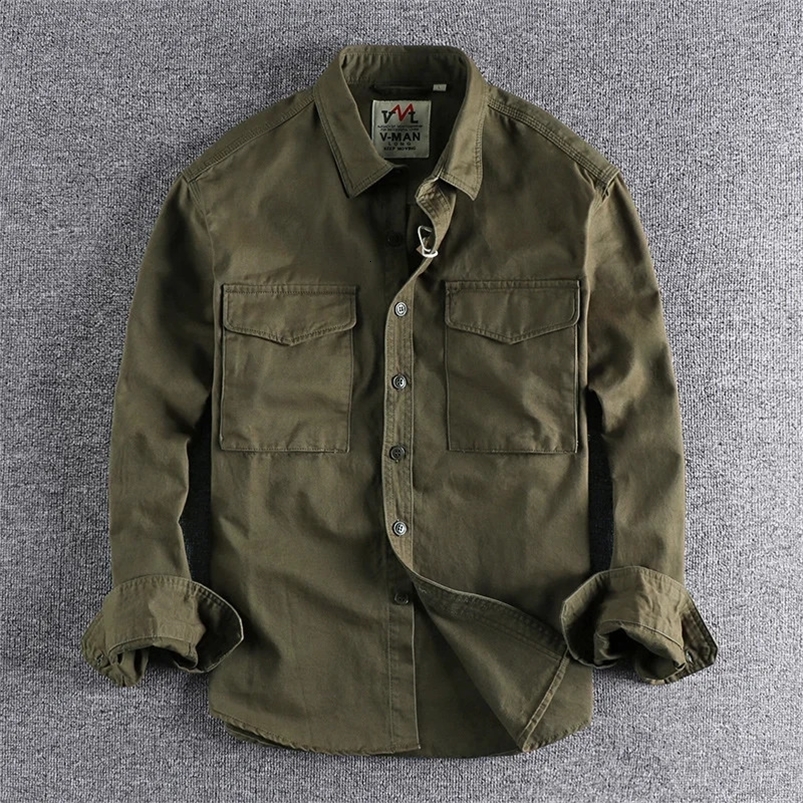 Retro Male Cargo Shirt Jacket Canvas Cotton Casual Work Safari Style Shirts Mens Top Clothing 240816