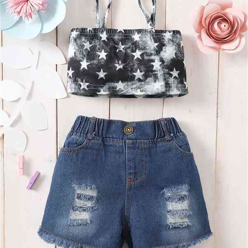Baby Star Print Tie Dye Cami Top & Ripped Raw Cut Denim Shorts SHE