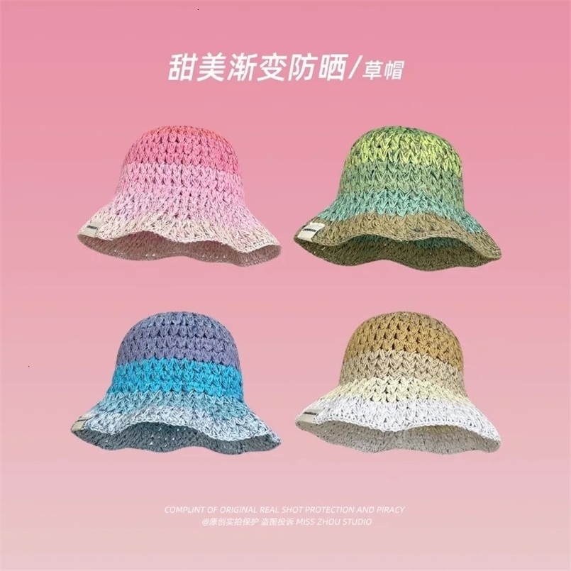 Dopamine Gradual Change Straw Womens Caps Summer Travel Vacation Sunscreen Korean Version Sweet Bucket Hats Y2k 240514
