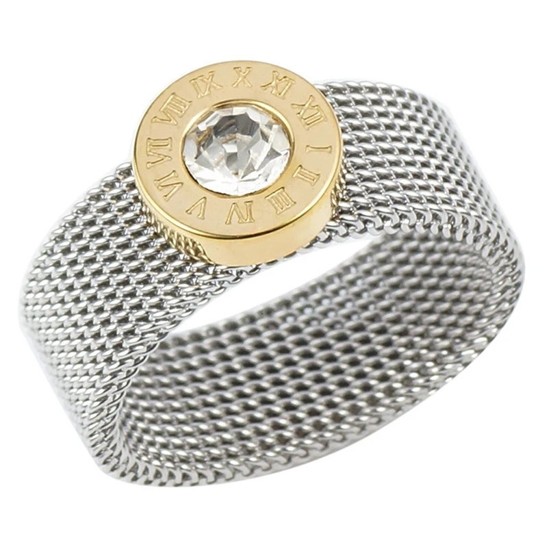 Wedding Rings Gold Color Stainless Steel Ring Big Round Crystal Mesh Finger Ring Roman Numerals Rings Round Ring for Women Men 231121