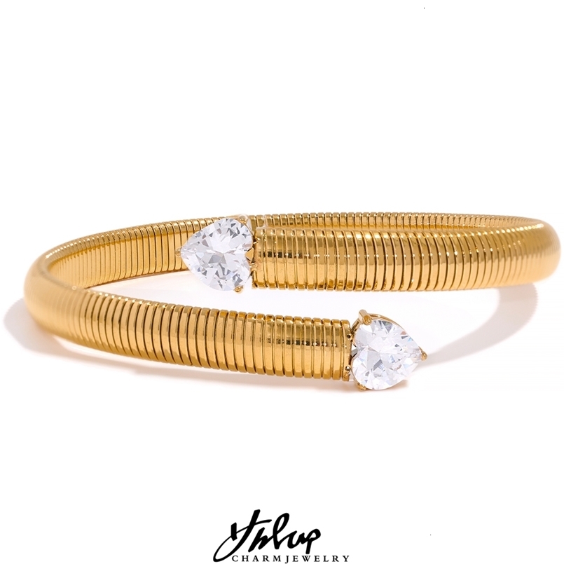 Charm Bracelets Yhpup Fashion Stretch Metal Stainless Steel Heart Cubic Zirconia Open Texture Bracelet Bangle Waterproof 18K Gold Color Jewelry 2305
