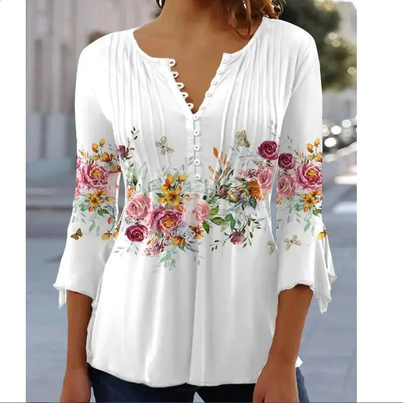 Womens Shirt Blouse Light Blue White Pink Floral Button Print 3/4 Length Sleeve Casual Holiday Basic V Neck Regular Floral 250313