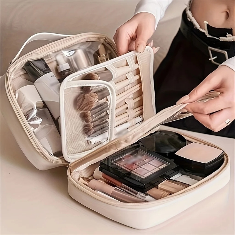 1pc Travel Makeup Bag - PU Leather Double Layer Make Up Bag Clear Cosmetic Bag With Zipper Large Makeup Bags For Women Cosmetic 250221bj
