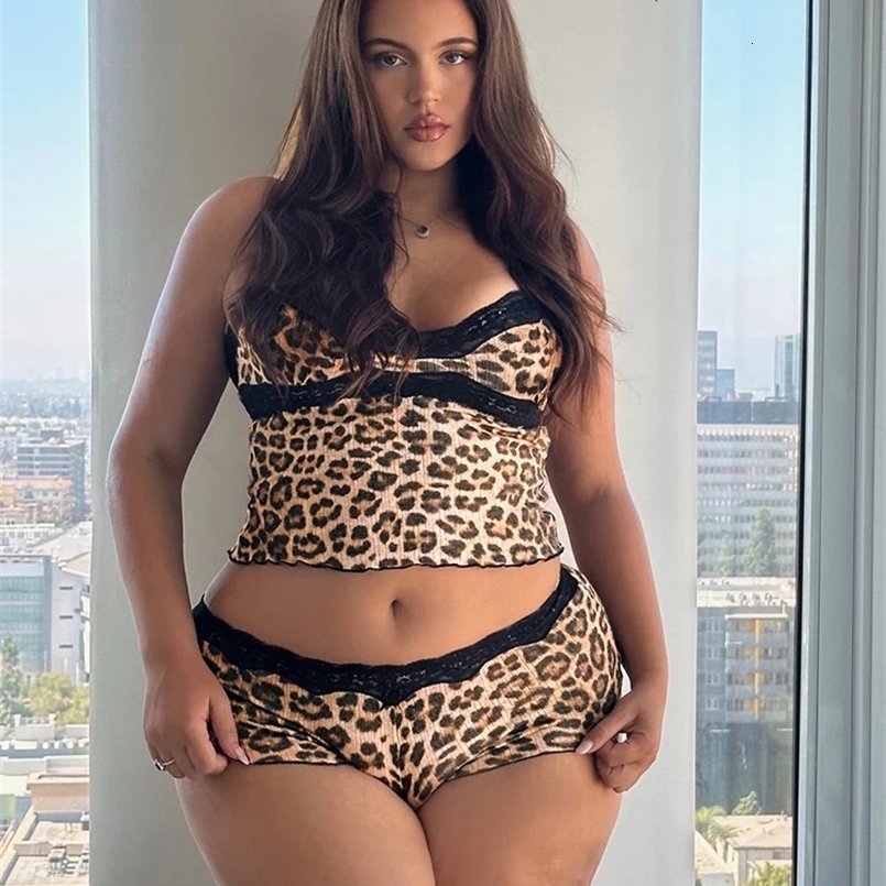 Weird Puss Leopard Print 2 Piece Set Women Sexy Lace Low-Neck Backless Tank TopsSkinny Shorts Girls Street Wild Outfits 250407
