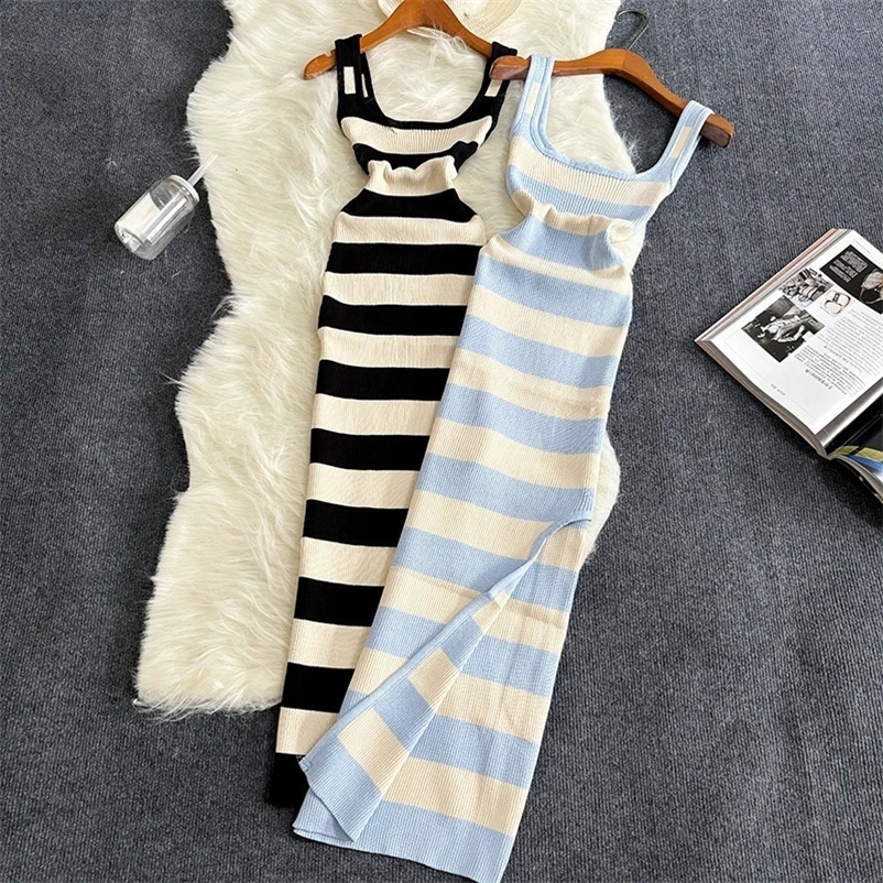 2024 Summer Stripe Elastic Split Tight Dress Sexy Beach Vacation Sundress Womens Casual Ultra Thin Pencil Vestdos Maxi Long Dress250425bj