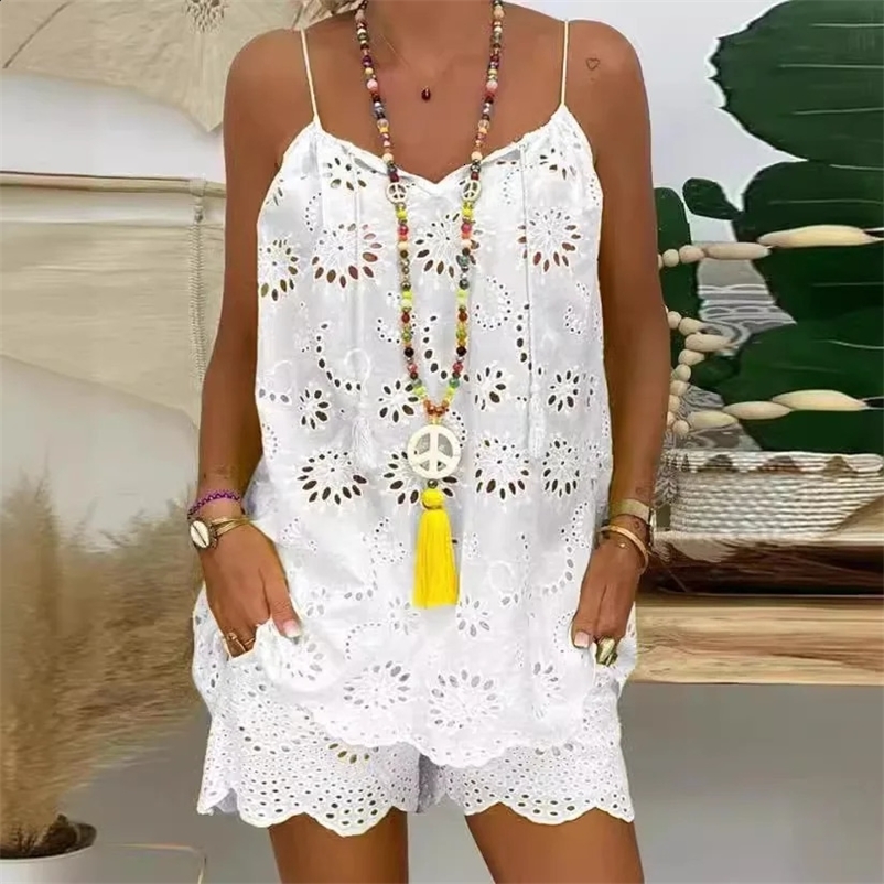 Womens cotton linen sleeveless 2-piece set hollow embroidery pleated vest tassel vest drawstring shorts printed casual set 250327
