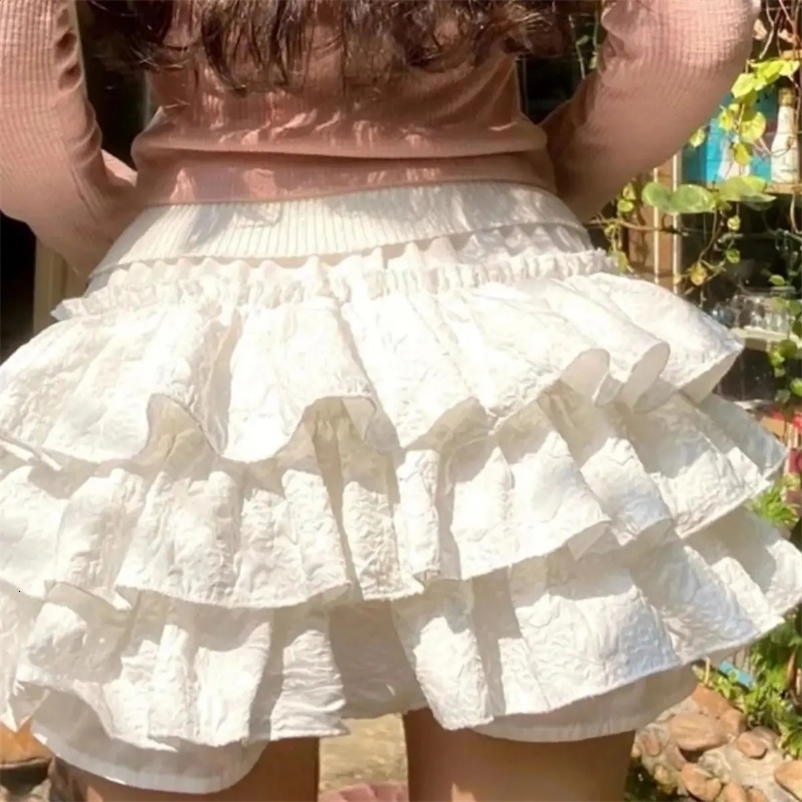 Kawaii Ball Dress Short Skirt Folded Ruffles Layered High Waist Solid Mini Cake Lolita Girl Sweet Cute Elastic Waist Y2K 241219