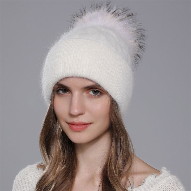 BeanieSkull Caps CNTANG Natural Raccoon Fur Pompom Knit Hat For Women Warm Angora Rabbit Bonnet Womens Winter Fleece Hats Casual Female 230816