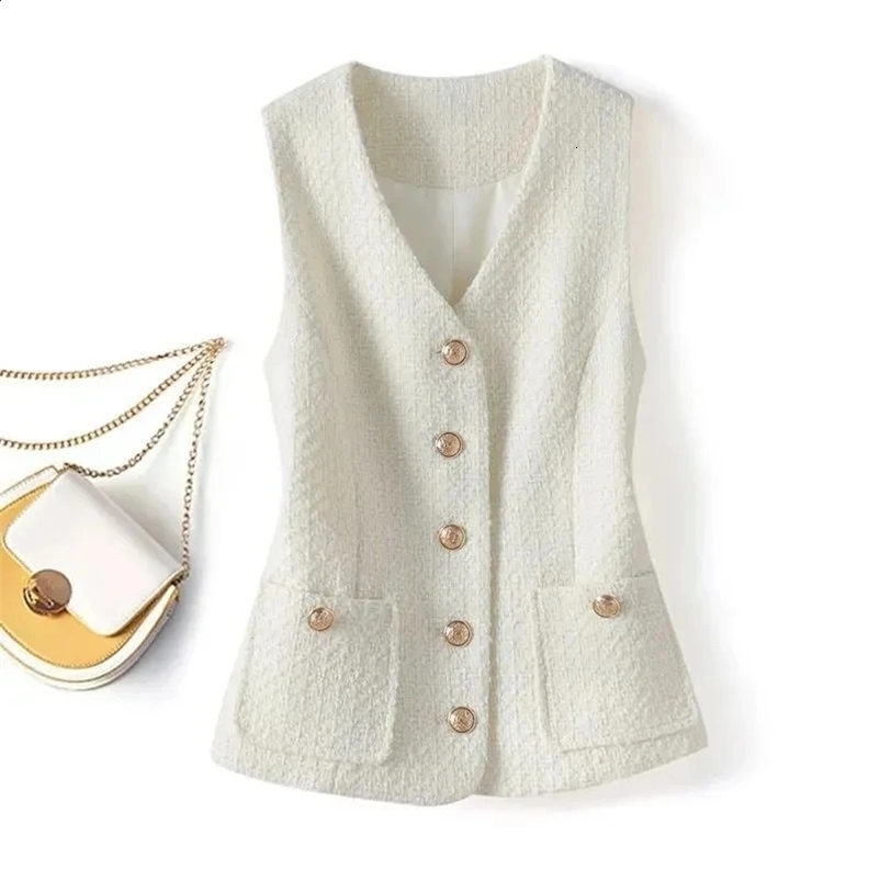 Female Fashion Coarse tweed Sleeveless Horse clip Coat Women Cardigan Solid color V-neck Sweater Vests Top 240823