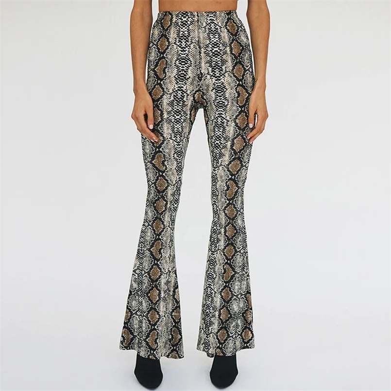 Donne Autunno Fashion Snake Skin Stampa pantaloni a gamba larga Pantaloni flare club di festa sexy pantaloni in vita elastico casual pantalones 2502