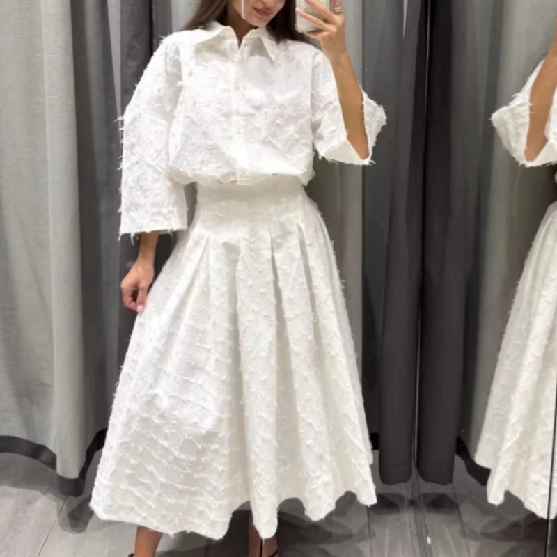 Women 2 Piece Set Solid elegant white tassel feather buttons Shirts and Elastic Waist maxi skirt dresses Feamle Chic Lady Sets 250922