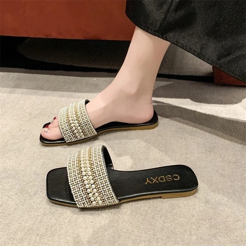 Summer Fashion Casual Pearl Womens Slippers Solid Color Flat Bottom Open Toe Shoes Womens Outdoor Beach Slippers 250118