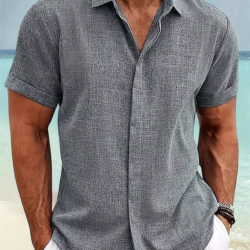 -selling mens short-sleeved shirt summer solid color lapel hidden buckle casual beach fashion high street top 240816