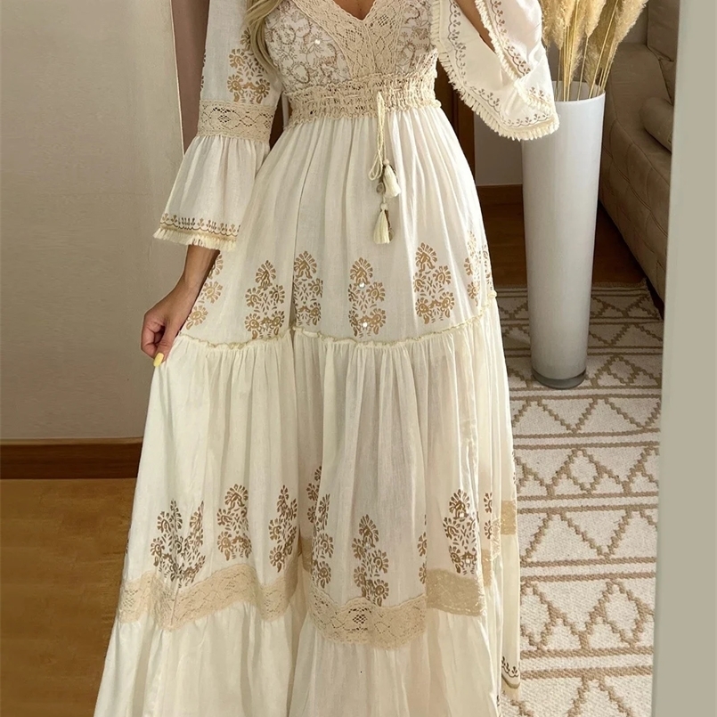 Long Dress Women Summer Boho Lace Dresses Female Beach Holiday Hollow Out Dress Ladies Elegant Vintage Loose Vestidos 250322