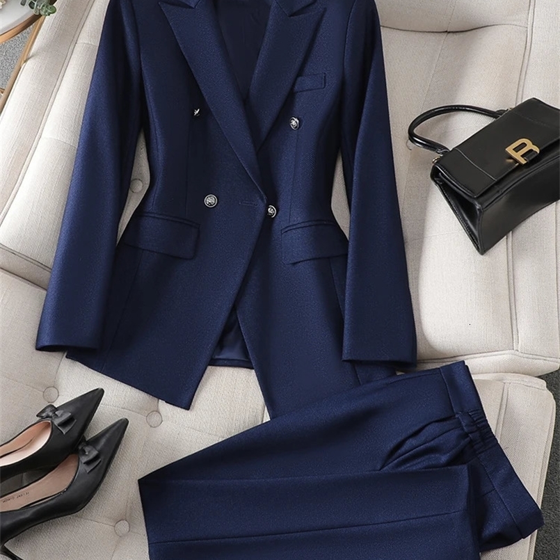 Gray Black Blue White Womens Pant Suit Long Sleeve Solid Ladies Blazer and Trouser Formal 2 Piece Set For Autumn Winter 250226