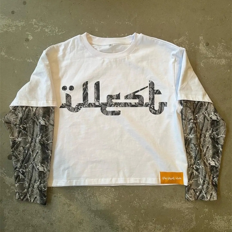 Y2k street fashion camouflage patchwork shirt womens T-shirt mens casual American printed long sleeved retro Harajuku loose top 240930