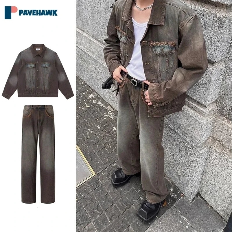 Autumn Two-piece Set Man Retro Wash High Street Tassels Varsity Denim JacketsStraight Wide Leg Jeans Sets Male Harajuku Suit 240415