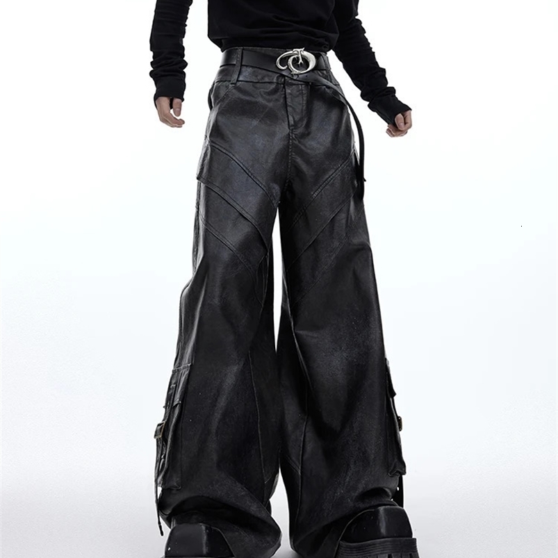 Mauroicardi Spring Autumn Extra Long Loose Vintage Casual Distressed Black Pu Leather Pants Men Wide Leg Trousers Fashions 240816