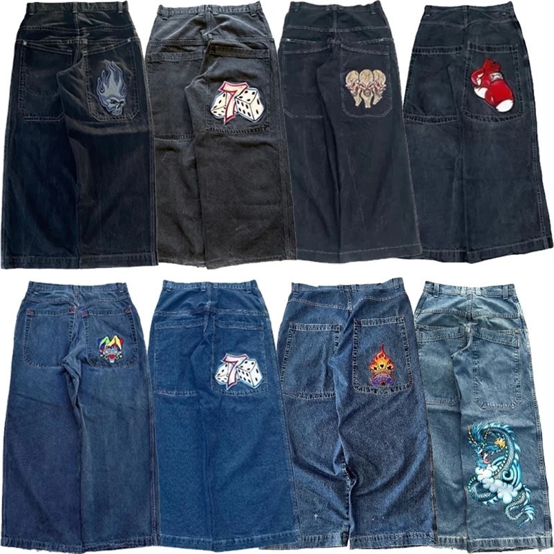 Y2K retro mens jeans embroidered high-quality bagged jeans hip-hop gothic street jeans Harajuku mens fashion wide leg jeans 250109