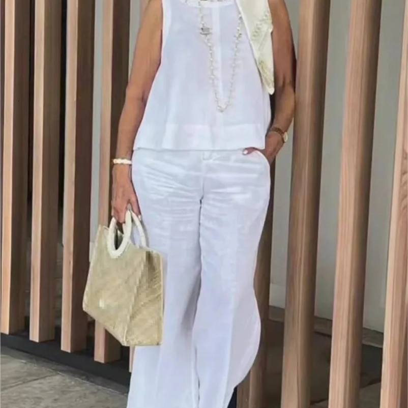 Cotton linen womens summer set fashionable sleeveless loose fitting shirt wide leg pants two-piece set womens casual set 250327