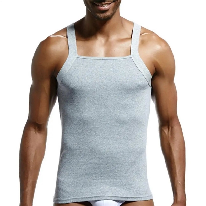 Summer Sports Men Vest Solid Color Square Slim Sleeveless Men Cotton Neck Fitness Tanks Men Undershirt Muscle Male Shirts 241230