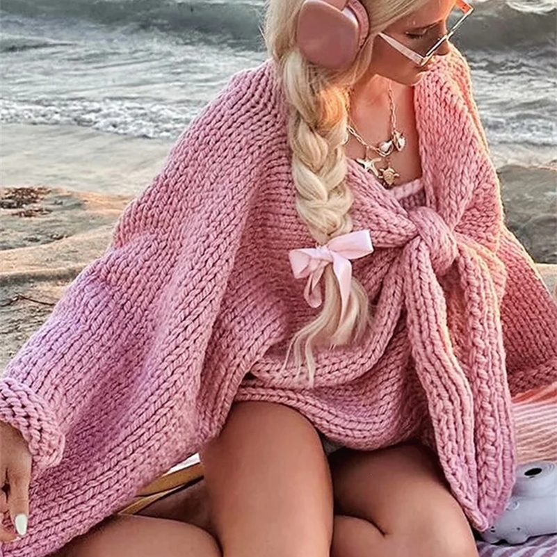 Oversize Bow Knitting Women Pollover Casual Loose V-neck Flare Sleeve Knit Female Sweaters 2024 Autumn Winter Chic Lady Sweater 250121