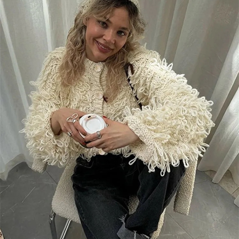 Tassel Knitted Cardigan Women Street Chic O-Neck Long Sleeve Female Sweaters 2024 Autumn Winter Single Breasted Loose Lady Coat 250206