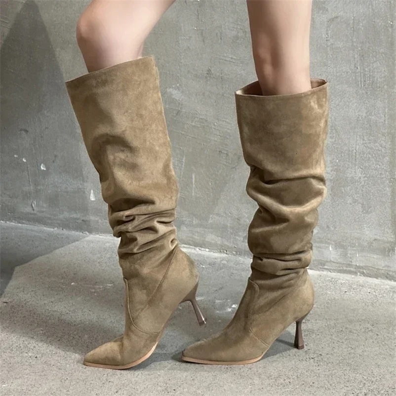 Womens high boots street style Pointed Toe knee high boots sexy pleated thin boots strip dance ball autumn winter shoes Botas Altas 241213bj