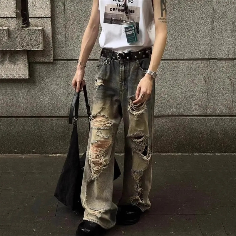 American hip-hop street loose vintage washed hole straight leg jeans for men and women trendy and personalized casual pants y2k 240819