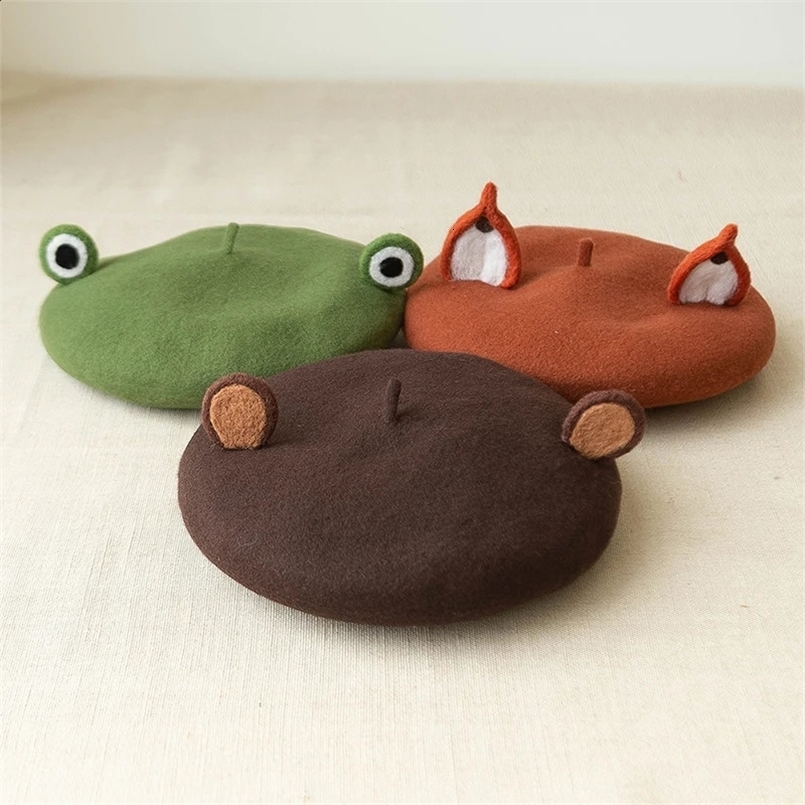 Unisex Cute Frog Big Eye Wool Beret Retro Women Winter Casual Warm Painter Hats for Girls Individuality Gift French Berets 240118