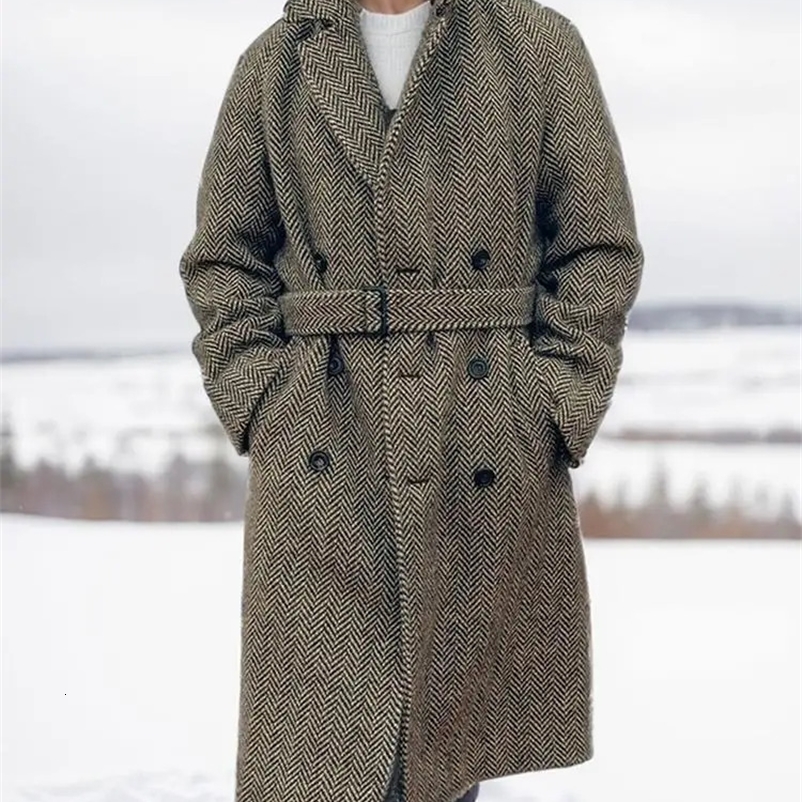 Stylish Mens Woolen Long Coats Fall Winter Warm Thick Windbreaker Mens Outdoor Fashion Plaid Texture Belt Double Breasted Jacket 240823
