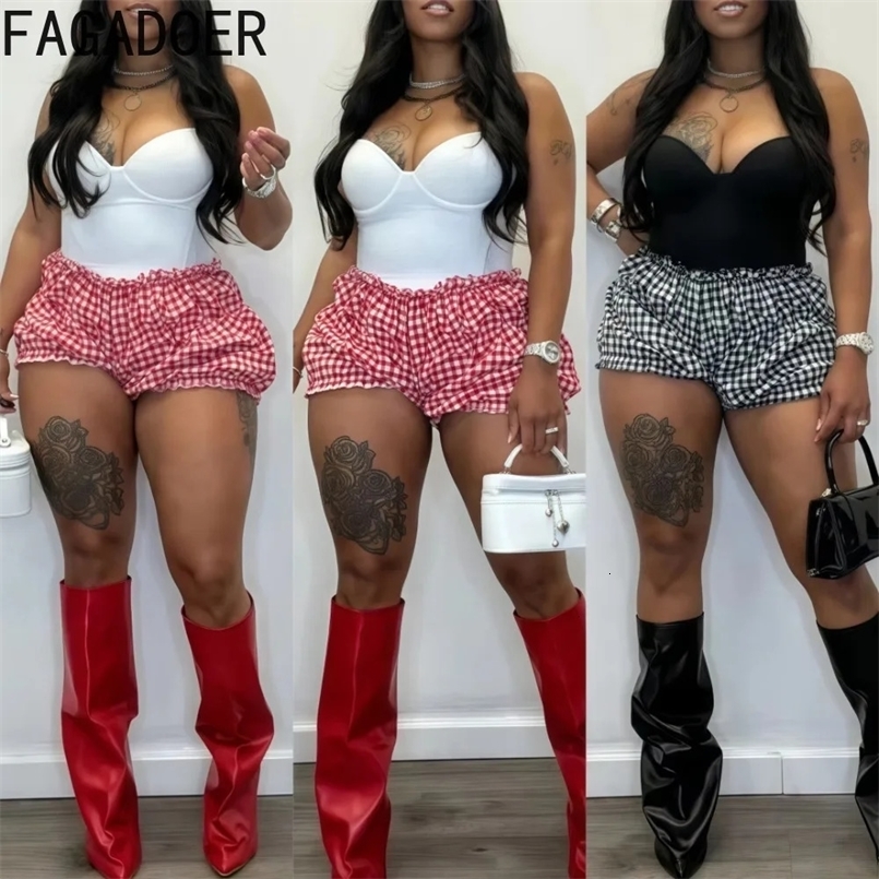 FAGADOER Fashion Sweet Plaid Print Ruched Shorts Two Piece Sets Women Spaghetti Strap Bodysuit Shorts Outfits Y2K Streetwear 250401