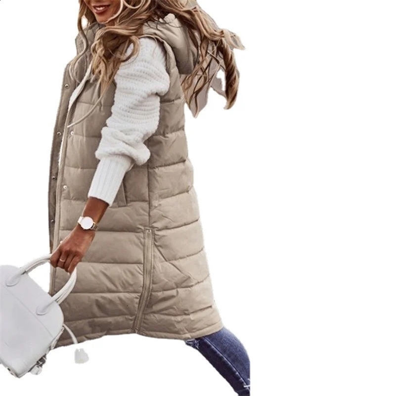 Womens Long Coat Vest With Hood Autumn Winter Sleeveless Warm Cotton Down Coat Waistcoat Quilted Vest Down Jacket Outwear 5XL 241120