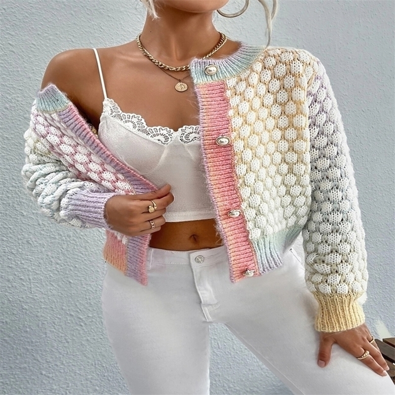 Elegant and fashionable cardigan sweater womens color gradient checkered round neck jacket 250919